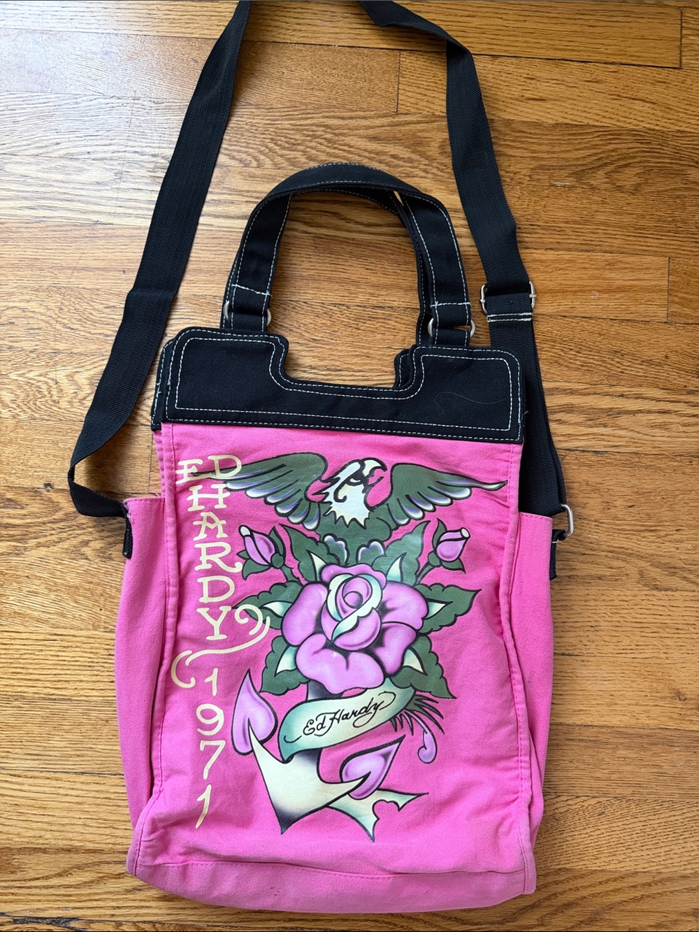 Ed Hardy Pink Canvas Shoulder Tote with Tattoo Rose & Eagle
